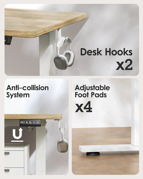 Height Adjustable Electric Standing Desk With 47.2 By 23.6 Inch Surface, Sit Stand Desk With White Frame And Maple Top, Memory Controller, Easy Assembly details showing desk hooks, anti-collision system, and adjustable foot pads.