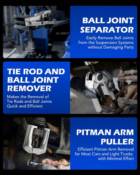No Sweat Garage Ready Front End Service Kit With Ball Joint Separator Tie Rod End Puller And Pitman Arm Tool Set, showcasing tools for steering repair.