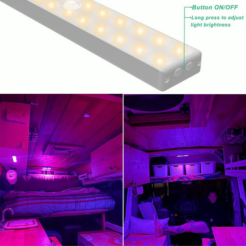 Rechargeable Under Cabinet Lights 4 Pack Wireless RGB LED Lighting with Remote illuminating a van interior with purple light