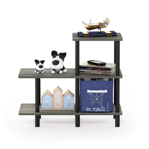 Three Tier Ladder Shelf Cube Bookcase For Bedroom Living Room Or Home Office Slick French Oak Grey With Black Tubes arranged with toys and decor.