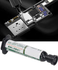 High Performance UV Curing Solder Mask Ink For PCB Repair And Insulation Fast Dry Two Pack White Solder Mask Paint For BGA Rework And Spot Welding And Repair Kit Included showing syringe and PCB application