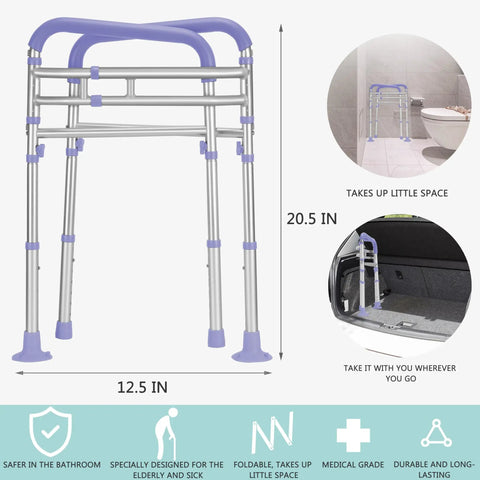 Heavy Duty Toilet Safety Rails 350 Lbs Adjustable Bathroom Grab Bar, 20.5 inch height, steel frame with purple foam grips.