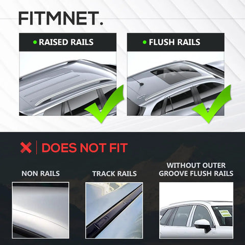 Heavy Duty 300 Pound Universal Roof Rack Cross Bars fit on raised and flush side rails, showing non-compatible rail types.