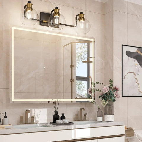 Matte Black And Antique Bronze 3 Light Vanity Fixture With Glass Globes Over Mirror Industrial Farmhouse Bathroom Lighting