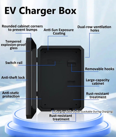 Heavy Duty Outdoor Ev Charging Cable Storage Box Stand With Floor Mount Base For Straight Up Protection And No Sweat Electric Vehicle Cable Organization, features ventilation holes and anti-theft lock.