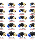 100 Piece Pneumatic Air Connector Kit With 4 6 8 10 12 Millimeter Barbed Fittings And Quick Connect Elbows For 1/8 1/4 3/8 1/2 Inch Hoses PL10-04 arranged in grid