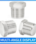 Multi-angle display of 304 Stainless Steel Heavy Duty Outer Hex Head Socket Pipe Plug Fitting One Eighth Inch NPT Male Thread Adapter
