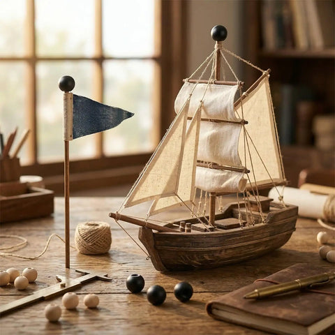 Model ship on a desk with decorative elements, including black knobs resembling 18Pcs M4 x 9mm Threaded Ball Knobs and Screw Caps Set.