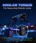 Robotic dog with Beefy 30Kg High Torque Servo Motor With 12V Power for heavy-duty joints at night.