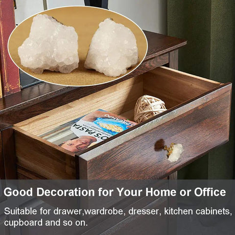 Four Pack Beefy Natural Quartz Geode Cabinet Knobs Combined With Slick Druzy Crystal Drawer Handles Featuring Clean Gold Plated Edges And Heavy Duty Stone Pulls For Kitchen Vanity Refresh in wooden drawer with magazine.