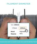 Close-up of hands holding 2.85mm Badass Teal Petg 3D printer filament beside 1.75mm, showcasing size comparison for FDM printing.