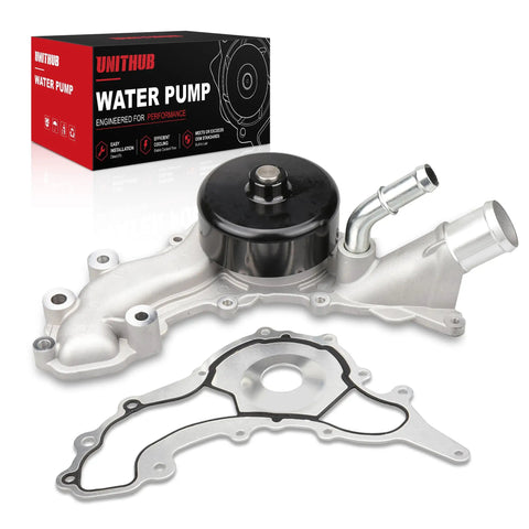 Heavy Duty Engine Water Pump With Gasket Kit Straight Swap For Dodge Challenger Charger Durango 3.6 Liter V6 Pentastar Engines 2011 To 2024 Real Deal Replacement 1204450 with black and silver finish.