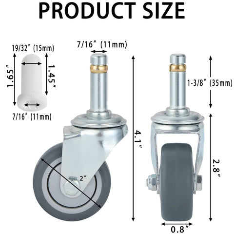 Smooth Rollin Rock Solid Heavy Duty Caster Wheels Set Of 4 With 7 16 Inch Stem Swivel TPR Replacement Wheels For Utility Cart dimensions and features