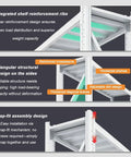 Detailed view of Badass Heavy Duty Garage Shelving Units showing integrated shelf ribs, triangular braces, and snap-fit assembly design.