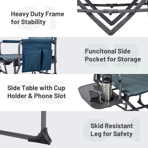 Close-up features of Aluminum Camping Directors Chair With Side Table Pocket Portable Folding Lawn Chair for Fishing Trips Picnics Concerts.