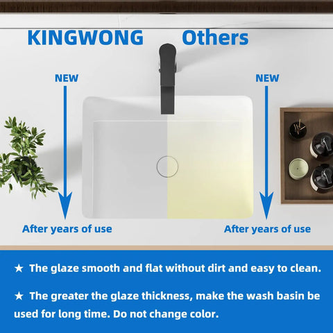 18.3 Inch Rectangular Undermount Bathroom Sink White Ceramic Porcelain With Overflow, showing durability and easy-clean feature.