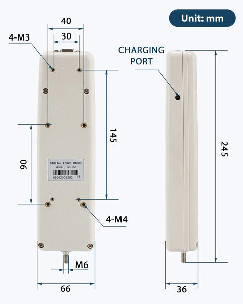 Hardcore 50N Digital Force Gauge for Accurate Push and Pull Load Testing Featuring Slick USB Data Sync Integrated Calibration Cert and No Sweat Professional Lab Workflows dimensions and charging port. 