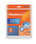 MacroMax microfiber glass cloths, 2-pack; orange packaging with blue cloth illustration.