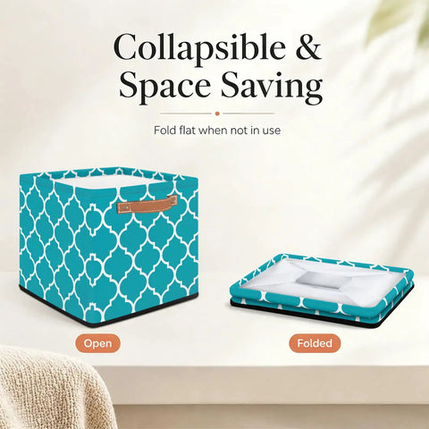 Moroccan Tile Foldable Storage Cube With Slick Reinforced Handles For Clothes And Linens Heavy Duty Waterproof Closet Organizer 13 Inch shelf bin shown open and folded.