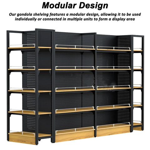 Built Tough Heavy Duty Double Sided Gondola Shelving Unit Commercial Retail Display Rack with wood shelves and pegboard backing.