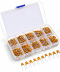 Sweet Ceramic Capacitor Assortment Kit Featuring Ten Darn Reliable Microfarad Values with yellow capacitors in a clear organizer.