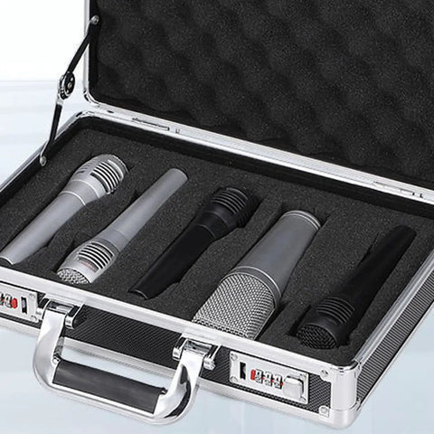 Black PE Foam Packing Sheets With Perforated Grid Design, Big Time Cushioning And Heavy Duty Shock Absorption, Zero Hassle Shipping Liners That Fit Like A Glove, Includes Two Pieces, shown inside protective case with microphones.