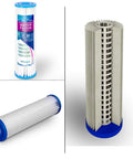 10 Inch Whole House Water Filter System With Hella Durable Thick Walled Transparent Housing And Classy Three Quarter Inch Brass Fittings Paired With Four Sick 5 Micron Pleated Sediment Cartridges multiple angles of pleated sediment filter cartridges
