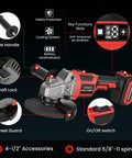 Features of Badass Brushless Cordless Angle Grinder Compatible With Milwaukee M18 Batteries Tool Only, showing controls and safety features.