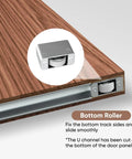 Slick Concealed Sliding Barn Door With Hella Soft Close Hardware Kit And Invisible Rail System For Badass Smooth Gliding Action Heavy Brown Wood Slab with Bottom Roller detail.
