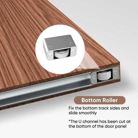 Slick Concealed Sliding Barn Door With Hella Soft Close Hardware Kit And Invisible Rail System For Badass Smooth Gliding Action Heavy Brown Wood Slab with Bottom Roller detail.