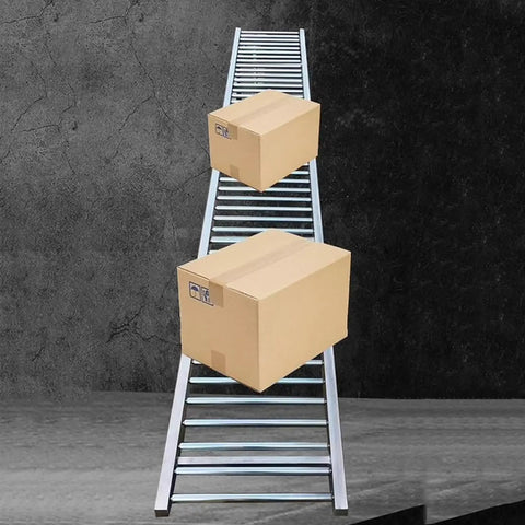 Foldable Portable Gravity Conveyor With Roller System For Docks And Truck Trailers Splice Unloading Slide Stainless Steel Lightweight Yet Durable 20 Inch Wide 8 Foot Length 2.4 Meter Total Length with boxes