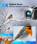 4K Video Camcorder For YouTube Vlogging, 36MP Photos, 18x Digital Zoom showcasing a close-up of a bird on a snow-covered branch