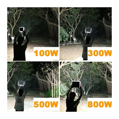 JUDYSSY Split 2Head Solar Led Light Outdoor Super Bright Solar Spotlight shown in 100W, 300W, 500W, and 800W power settings.