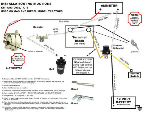 Installation instructions for 75 Amp One Wire Alternator Upgrade Kit For Ford Naa Golden Jubilee Tractor with wiring details.