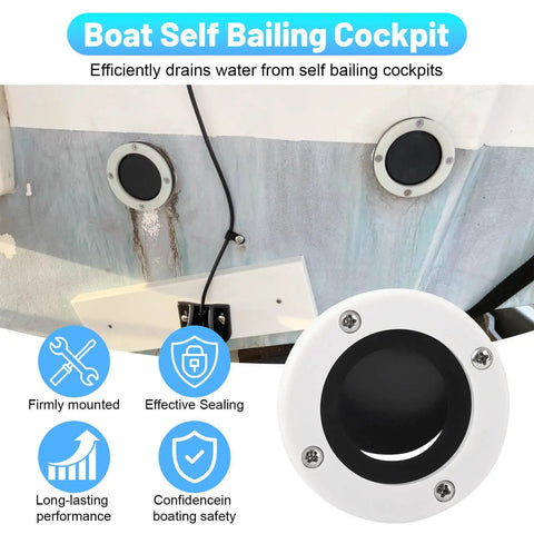 Boat Self Bailing Cockpit Mounted Scupper Valve Kit with two 7/8 inch rubber flapper valve and gasket installed on boat