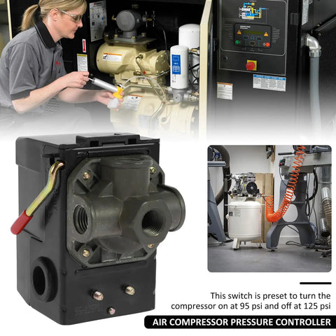 Tough As Nails Air Compressor Pressure Switch Drop In Replacement With Smooth Unloader Control and Built In Safety Relief Valve 95 To 125 Psi Range Npt One Quarter Fittings, with red handle and connection ports.