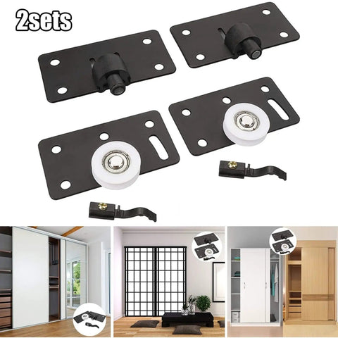 Heavy Duty Sliding Door Rollers For Closets And Wardrobes Concave Nylon Wheels With Adjustable Height set of 2 black rollers and plates