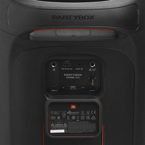 Back view of Stage 320 Portable Party Speaker showing control panel and branding details
