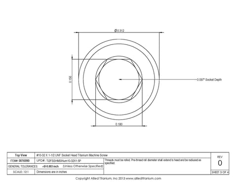 Top view diagram of Tough As Nails Grade Two Titanium Socket Head Machine Screws Pack Of Twelve Number Ten Thirty Two X One Point Five Inch UNF Threads.