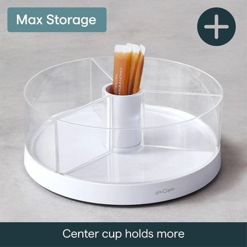 Smooth As Butter Three Bin Rotating Lazy Susan Turntable For Cabinet Organization with clear containers holding honey sticks.