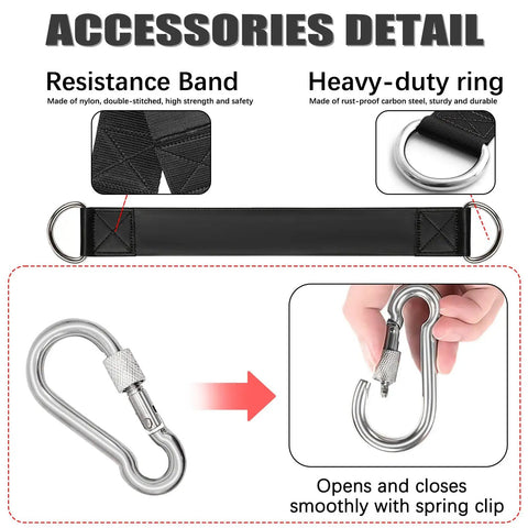 Image showing accessories: nylon resistance band with heavy-duty ring and stainless steel spring clip for workouts.