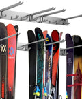 Heavy Duty Wall Mount Ski Storage Rack And Garage Snowboard Organizer Holds Eight Pairs Gray Two Pack with skis mounted.