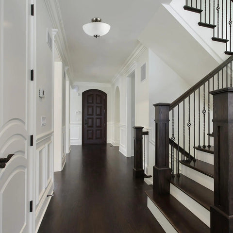 13 Inch Two Light Semi Flush Mount Ceiling Light In Brushed Nickel With Chrome Accents And Frosted Glass Shade installed in hallway