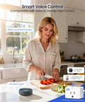 Top Shelf Keyless Entry Smart Door Lock With Lightning Quick Fingerprint Scanning And Smooth App Pairing Featuring Custom Auto Lock Timing Plus Heavy Duty Matte Black Knob Set For Bulletproof Front Door Protection shown with smart speaker in kitchen.