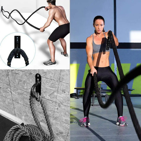 Heavy Duty Battle Rope Wall And Ceiling Mount Anchor Bracket For Suspension Straps, shown with users exercising with battle ropes.