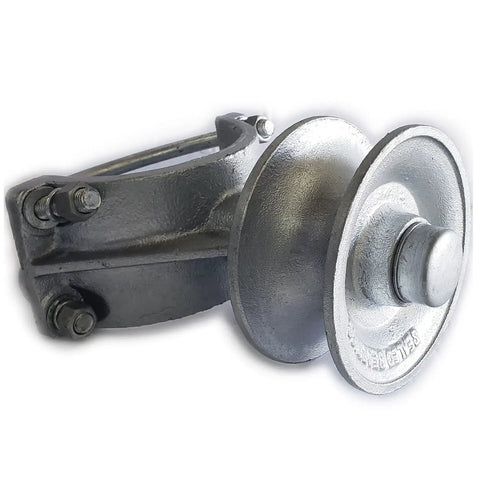 Heavy Duty Cantilever Gate Rollers With Six Inch Chain Wheels Double Sealed Bearings Built Like A Tank Track System For Chain Link Fence Posts And Gate Pipes Runs Like A Dream Pack Of Two - Close-up view of roller with steel wheel and mounting frame.