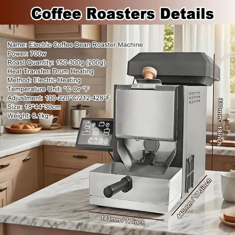 Zero Hassle Smokeless Electric Coffee Bean Roaster Machine 200 Grams Capacity For Kitchen Or Small Shop details on countertop.