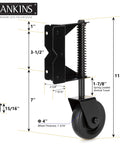 Spring Loaded Gate Caster For Wooden Gates And PVC Fences With 4 Inch Wheel, Heavy Duty Gate Wheel Caster with measurements.