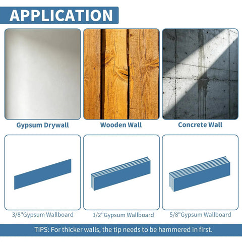 Image showing applications for Heavy Duty Self Drilling Drywall Anchor Screw Kit For Sheetrock Mounting on drywall, wood, and concrete.