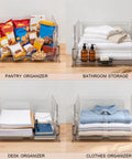 Xlarge Stackable Storage Bins 2 Pack Clear Crystal PET Baskets for Max Vertical Closet Space in various organized uses.